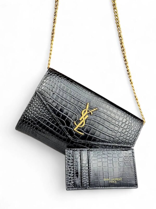 SAINT LAURENT Uptown chain wallet in shiny crocodile embossed leather & Brand Box size 22*14