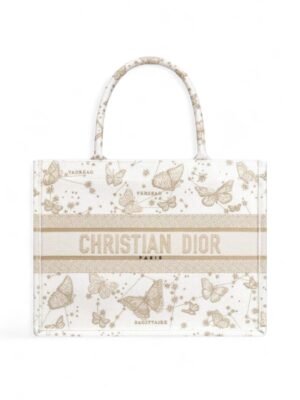 Christian Dior Book Tote Gold Tone and White Butterfly Zodiac Embroidery + Brand Box , size 35*27