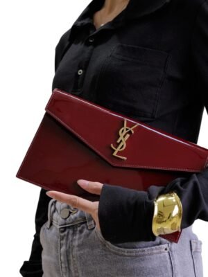 Saint LAURENT UPTOWN Clutch IN PATENT LEATHER DARK RED WINE + Brand Box , size 27*1