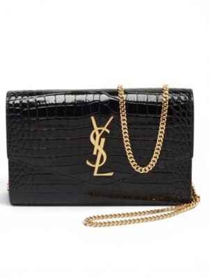 Saint Laurent Black Croc Embossed Leather Uptown Wallet on Chain + Dust cover , size 19*12
